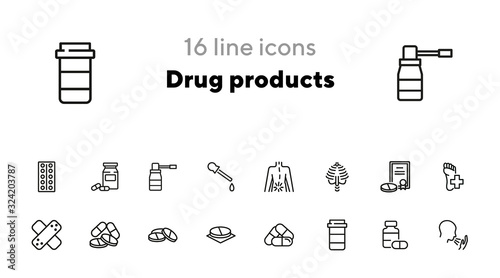 Drug products line icon set. Set of line icons on white background. Healthcare concept. Stomach, gemma, liver. Vector illustration can be used for topics like medicine, health, treatment