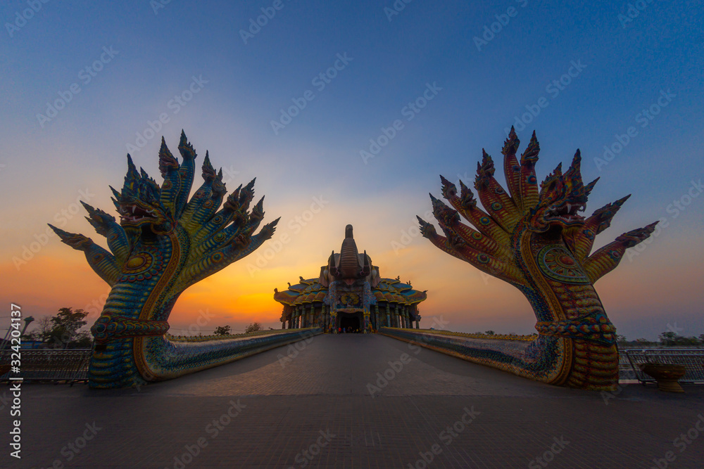 Fototapeta premium Wat Ban Rai, Kut Piman, Dan Khun Thot District Nakhon Ratchasima, Thailand in sunset time