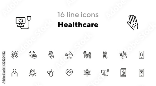 Healthcare line icon set. Pregnant woman, sore throat, test result. Medicine concept. Can be used for topics like medical consulting, examination, checking
