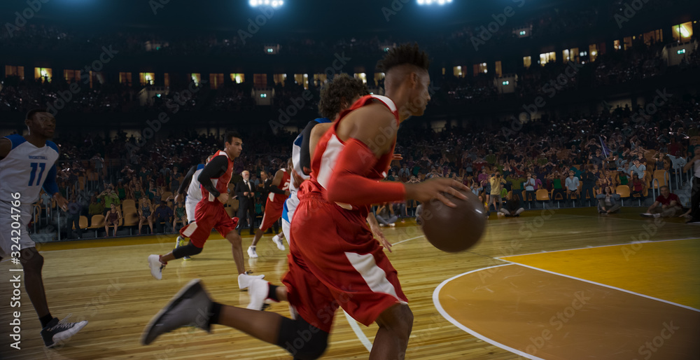 Fototapeta premium Basketball players on big professional arena during the game. Tense moment of the game. 
