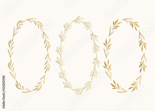 Golden oval frames with botanical elements. Wedding wreaths isolated. Vector illustration.