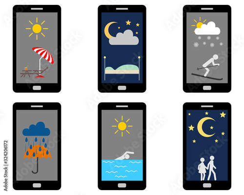 Verschiedene Wettersymbole und Freizeitaktivitäten auf Smartphone