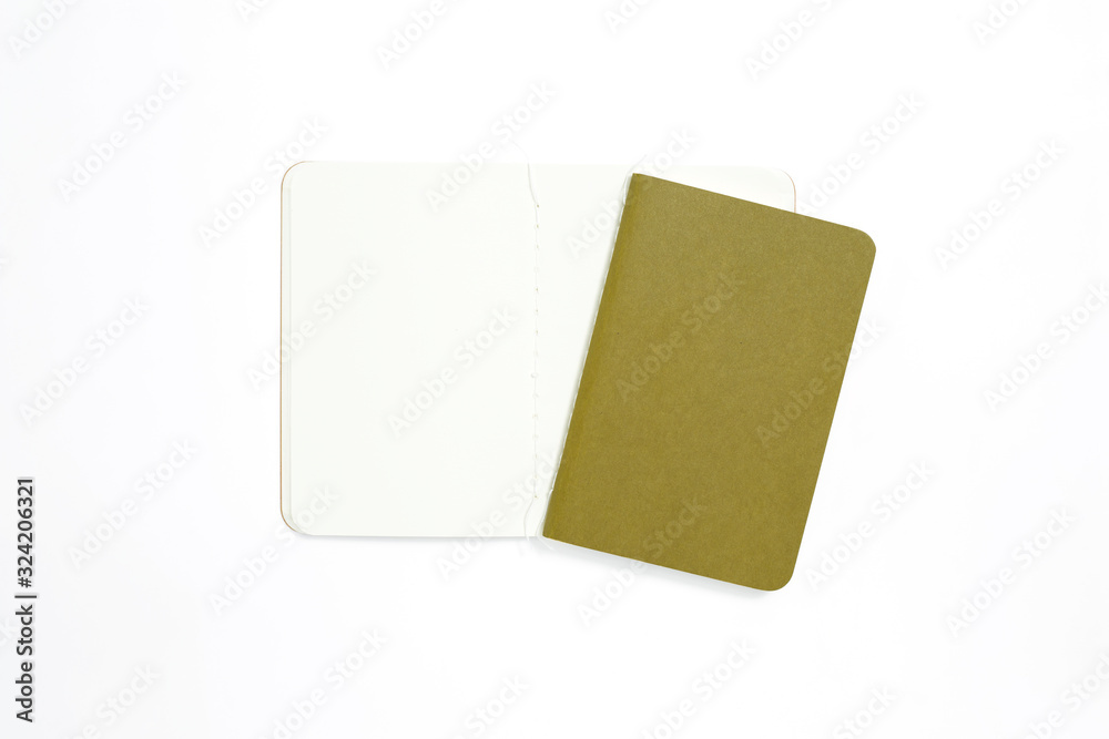 Top view of open stitch blank recycled paper cover notebook on white background. Top view of open stitch blank recycled paper cover notebook on white background.