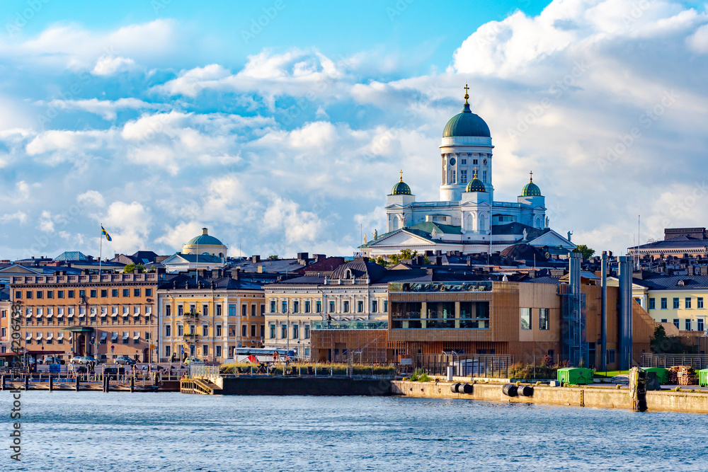 Helsinki. Finland. Panorama of the capital of Finland on a cloudy day. The Harbour Of Helsinki. Baltic sea. Suurkirkko. Cathedral Of St.Nicholas. Sights Of Helsinki.