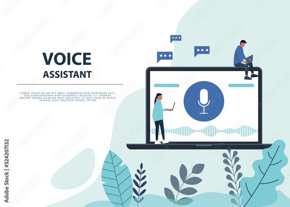 Personal assistant and voice recognition concept gradient vector illustration of soundwave intelligent technologies. Microphone button with bright voice and sound imitation waves. Communication Personal assistant and voice recognition concept gradient vector illustration of soundwave intelligent technologies. Microphone button with bright voice and sound imitation waves. Communication