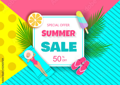 Hot Summer Sale Typography Paper Foldable DesignTropical Fruits. Vector illustration for advertising purposes photo