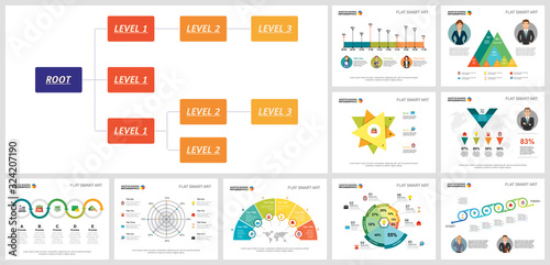 Colored diagram template set for work process design, teamwork report, slides, web. Business and recruitment concept with pie diagram, percentage, radar, cycle, and flow charts