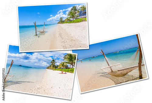 collage of summer vacation photos on sea background