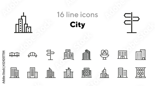 City line icon set. Skyscraper, bridge, fountain. Buildings concept. Can be used for topics like urban life, town, apartment house