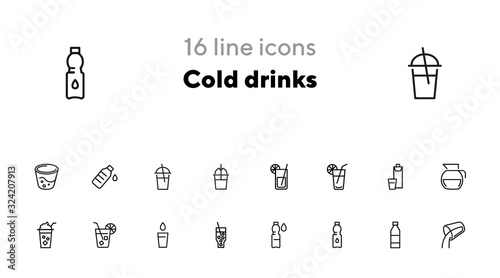 Cold drinks line icon set. Lemonade, cocktail, bottle, straw. Drink concept. Can be used for topics like summer, bar menu, cafe