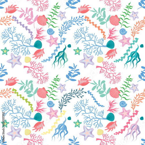 Wallpaper Mural Seamless nautical theme background. Caralli, seagrass, shells. Vector illustration. Torontodigital.ca