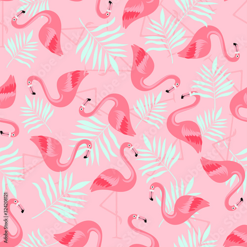 Flamingos in palm leaves, seamless background, pattern. Vector illustration.