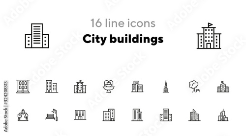 City buildings icon set. Line icons collection on white background. Skyscraper, architecture, street. Construction concept. Can be used for topics like tourism, business center, financial district