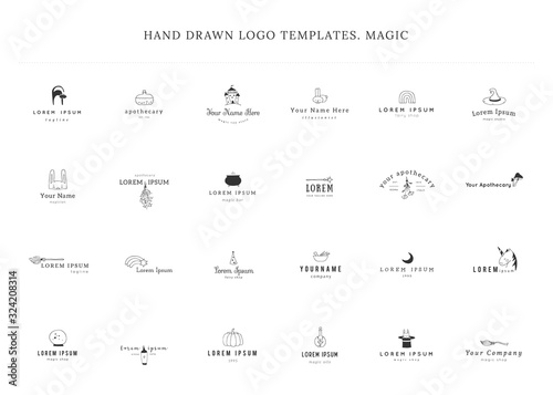 Set of vector logo templates with hand drawn elements. Magic and fairy tales.