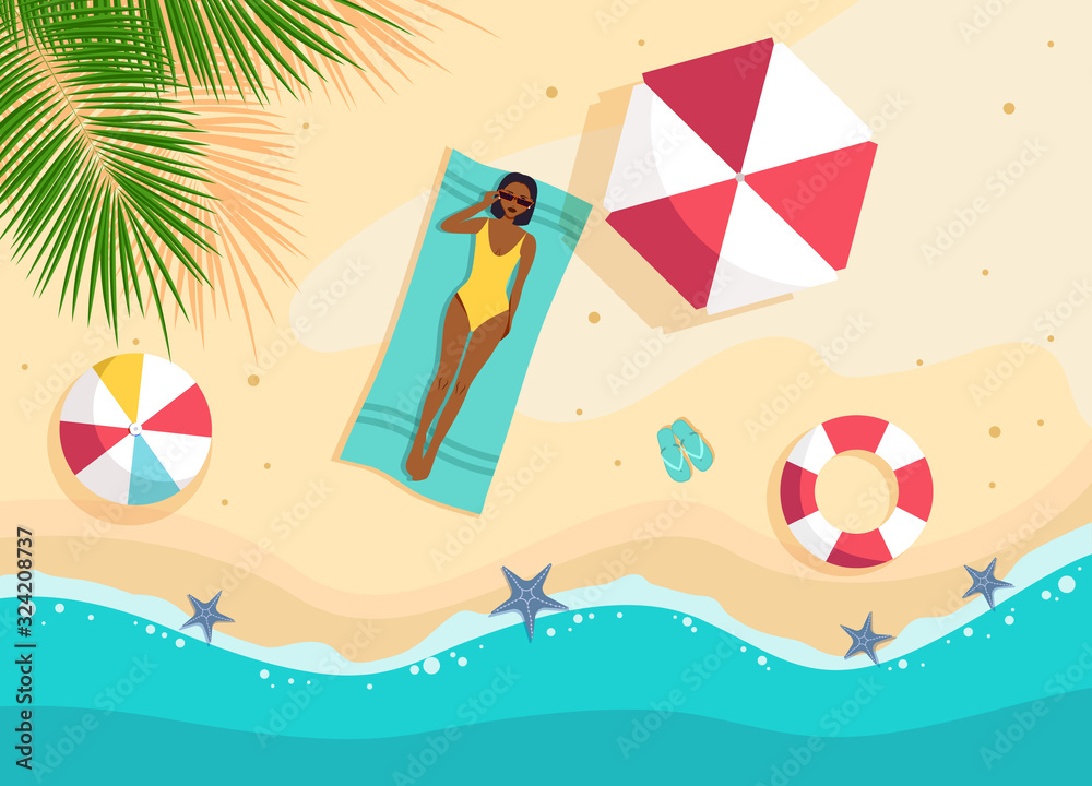 Young afro woman in bikini sunbathing lying on the beach. View from above. Vector flat cartoon illustration isolated. Young afro woman in bikini sunbathing lying on the beach. View from above. Vector flat cartoon illustration isolated.