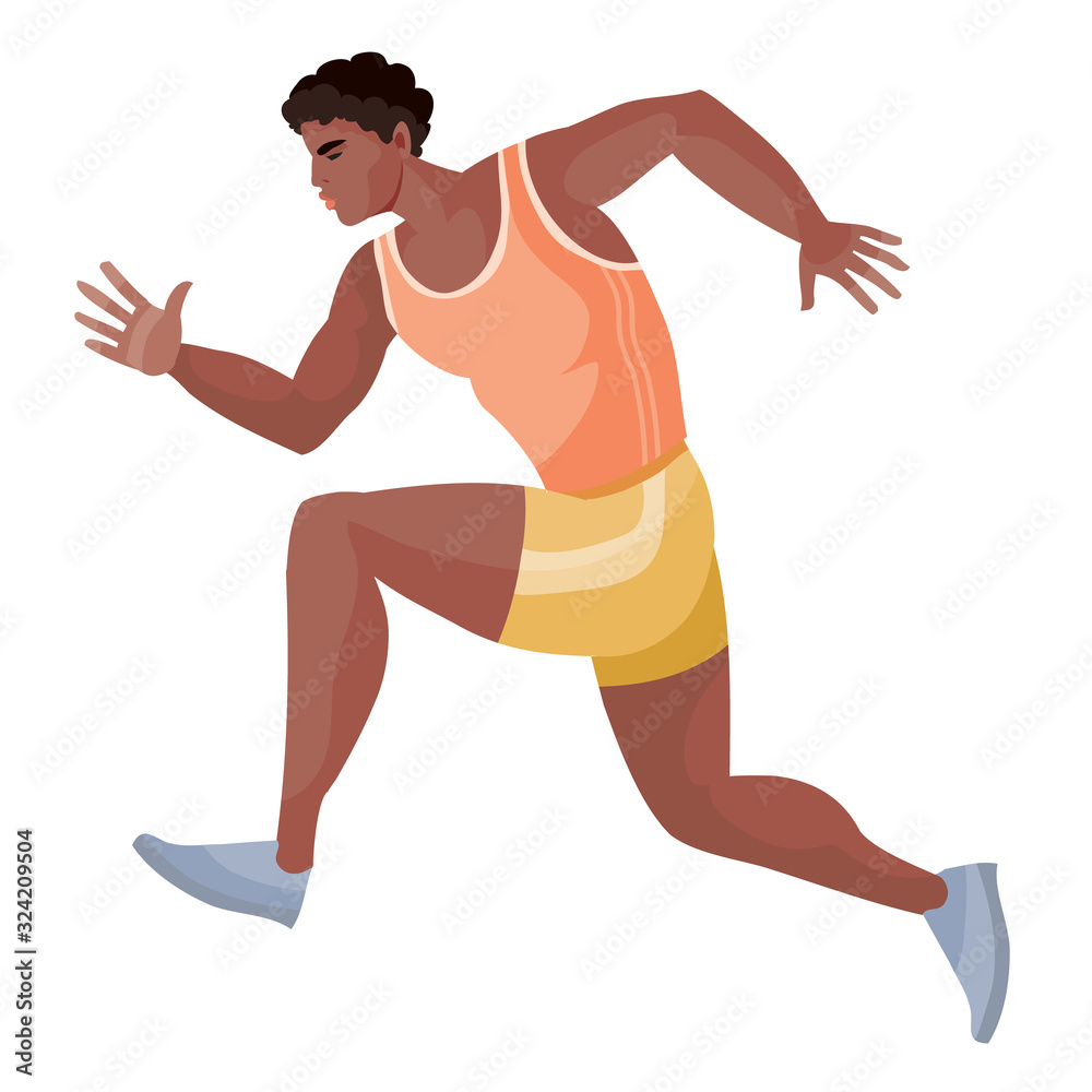male athlete African-American in a yellow T-shirt and orange shorts quickly runs and tries to win the competition, isolated object on a white background, vector illustration