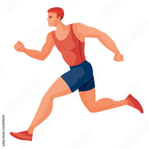 male athlete in a red tank top and blue shorts runs fast and tries to win the competition, hope, victory, prize, success, goal, isolated object on a white background,