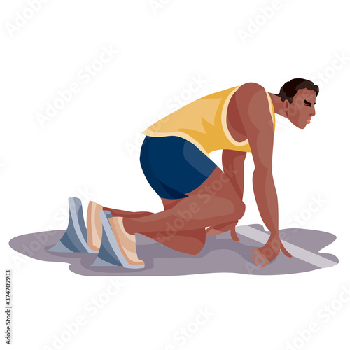 male athlete sits at a low start ready at any second to break loose and run to victory for a gold medal, isolated object on a white background,