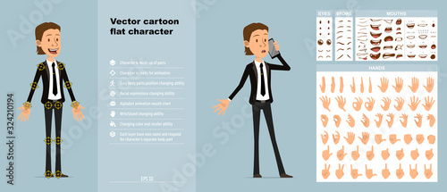 Cartoon funny cute office boy character in black suit with tie. Ready for animations. Face expressions, eyes, brows, mouth and hands easy to edit. Isolated on blue background. Big vector icon set.