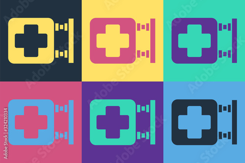 Pop art Hospital signboard icon isolated on color background. Vector Illustration