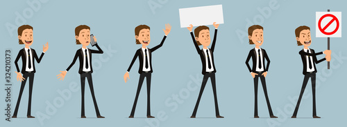 Cartoon funny cute business office boy character in black suit with tie. Ready for animations. Stop, hello and happy gesture. Isolated on blue background. Big vector icon set.