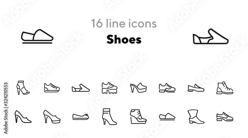 Shoes line icon set. Set of line icons on white background. Cowboy boot, espadrille, high heel shoes. Fashion concept. Vector illustration can be used for topics like clothing, fashion, shoes