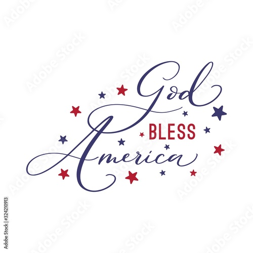God bless America. Vector Typography hand drawn lettering.Illustration with american flag colors. T-shirt print.
