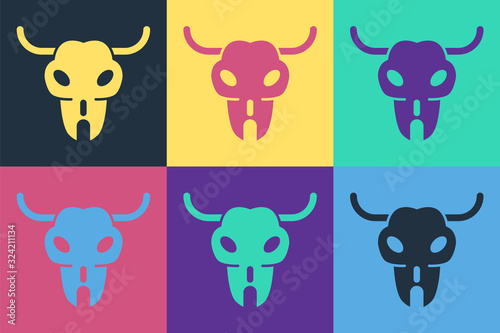 Pop art Buffalo skull icon isolated on color background. Vector Illustration
