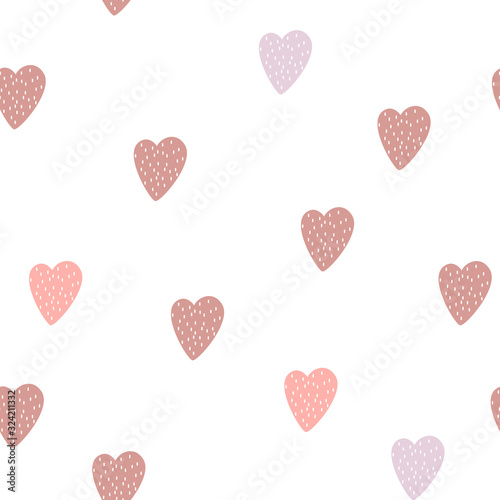 Very simple minimalist seamless pattern with hearts and textured white dots inside them. Modern millennial abstract digital paper for print in natural colors. Romantic Valentine's Day theme design art