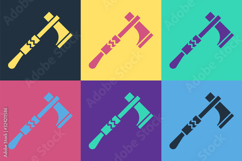 Pop art Native american tomahawk axe icon isolated on color background. Vector Illustration