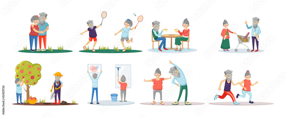 Elderly people active fitness healthy lifestyle. Senior age couple together running, doing exercises, work in garden, household chores at home, play badminton, shopping at supermarket cartoon vector