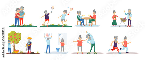 Elderly people active fitness healthy lifestyle. Senior age couple together running, doing exercises, work in garden, household chores at home, play badminton, shopping at supermarket cartoon vector