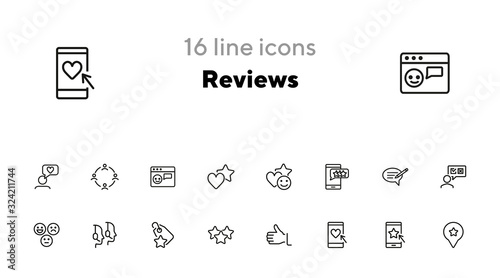 Reviews line icon set. Approval, best offer, best price, call center. Online store concept. Can be used for topics like customer support, rate, feedback