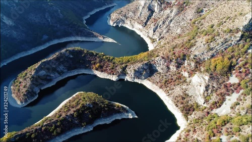 Bird-eye view shot of the curvy Uvac Canyon river at Serbia, Europe photo