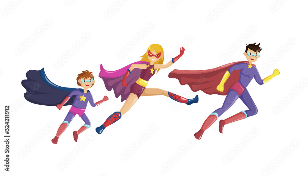 Superheroes parents and their children run to the rescue together in super hero costumes with cape and masks. Family of superheroes. Cartoon vector illustration