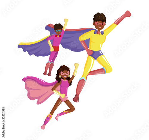 Afro American family superheroes father and children fly together in super hero costumes with cape and masks. Family of superheroes. Cartoon vector illustration