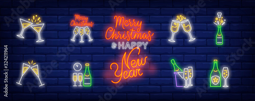 Christmas toast neon sign set. Fizzy wine, bottle, flutes, cocktail. Vector illustration in neon style, bright banner for topics like Xmas, New Year party, holiday