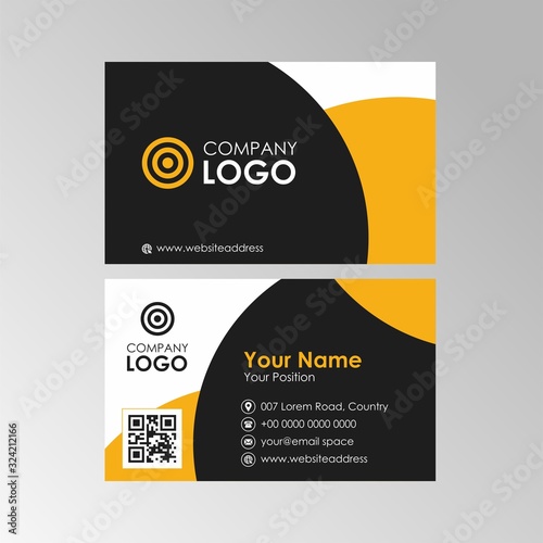 Simple abstract yellow and black business card with qr code design, professional name card template vector