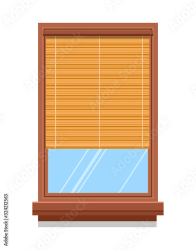 Curtain or bamboo blinder on wooden window, isolated icon