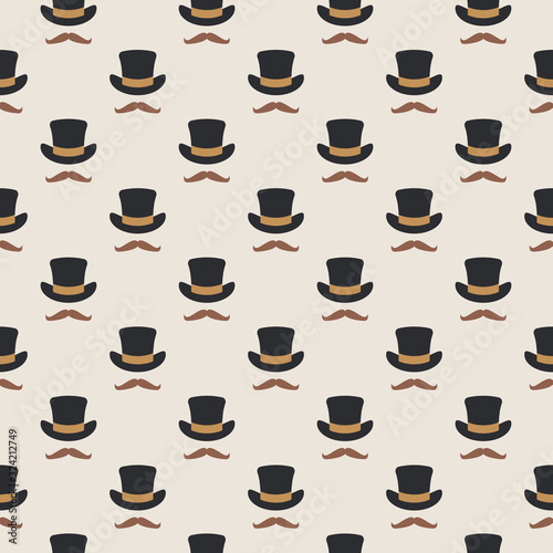 Seamless symmetrical pattern in retro style. Vintage men's top hat and mustache in hipster style. Suitable for packaging paper, bags, background.