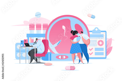 Happy parents and baby in fertility clinic. Flat cartoon people vector illustration