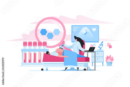 Pregnant woman during ultrasonic examination in clinic. Flat cartoon people vector illustration