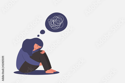 unhappy and sad young girl in depression sitting, lonely woman hugging knees with confused on mind, sorrow, mental health concept, cartoon female character vector flat illustration