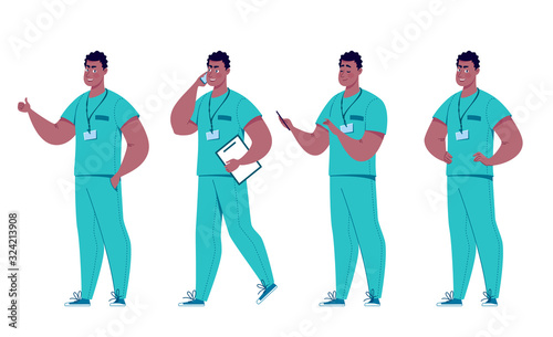 Different poses of a surgeon or paramedic in a set.