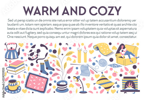 Warm and cozy banner with icons for relaxing fall evening