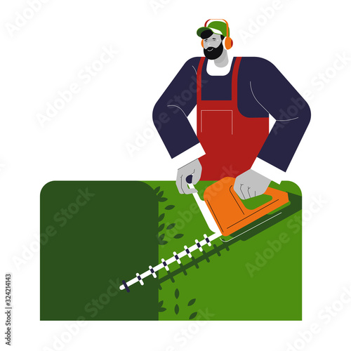 Gardener shaping or cutting bushes in garden, isolated character