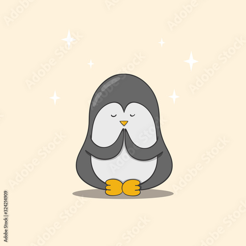 Cute penguin sitting in yoga lotus pose and relaxing
