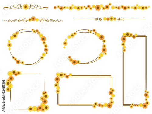 Set illustration of various frames of sunflower flowers.