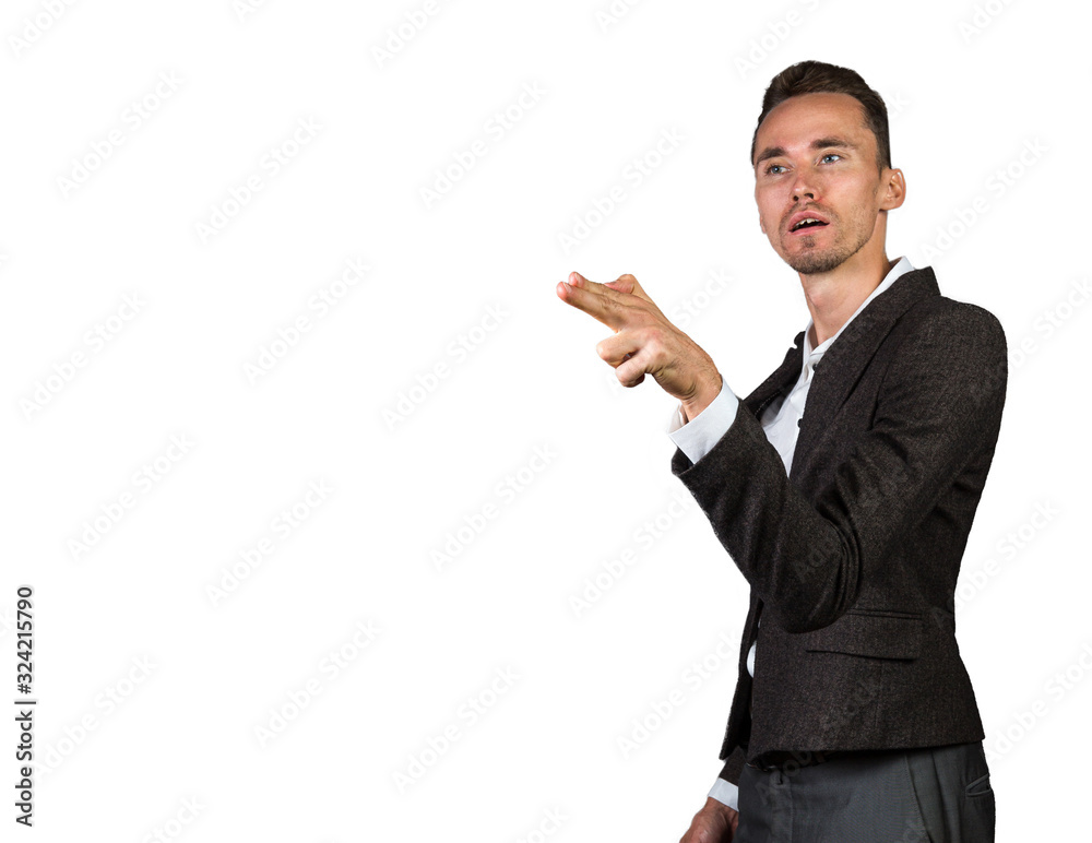 Adult businessman pointing aside and accusing empty space Adult businessman pointing aside and accusing empty space