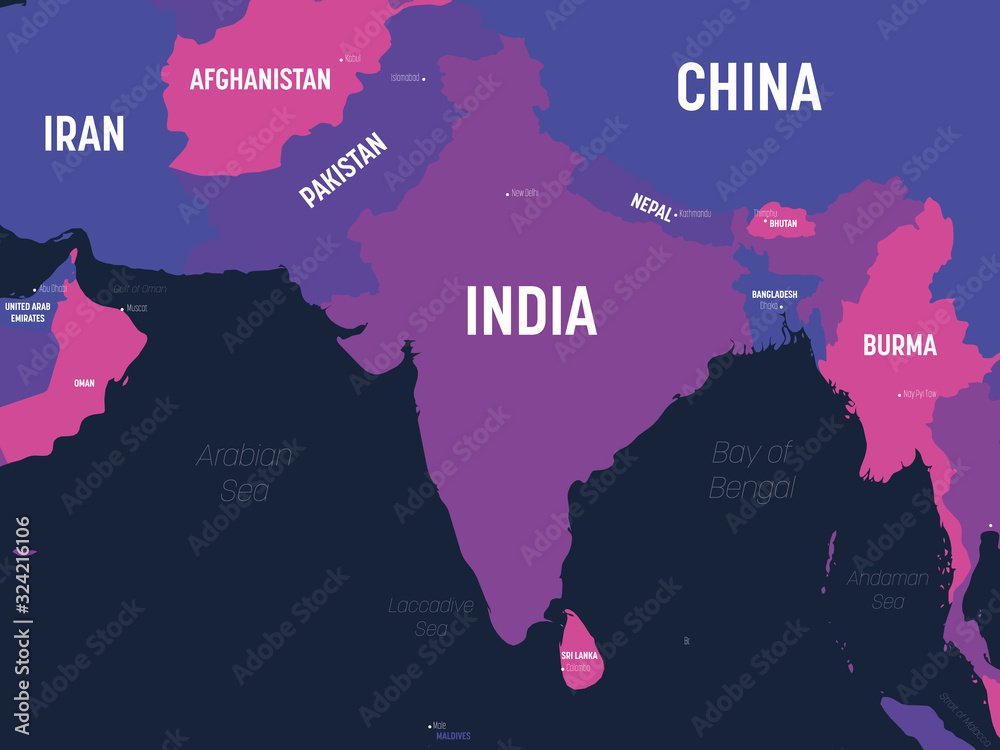 South Asia map. High detailed political map of southern asian region and Indian subcontinent